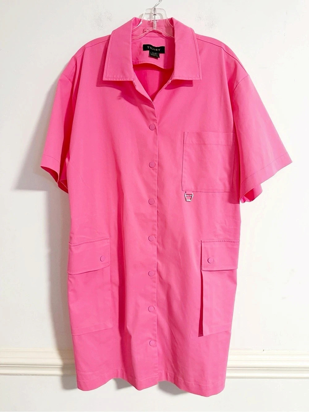 Tilley Tech Utility Cargo Pink Button Front Shirt Dress Size Large